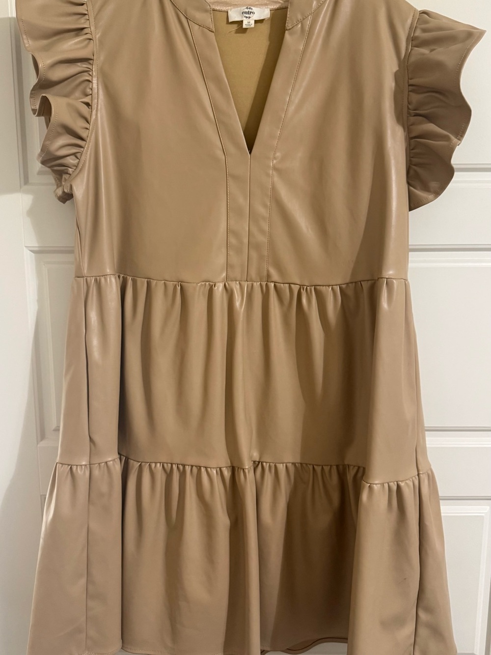 Entro Faux Leather Ruffle Sleeve Tiered Dress with Pockets Tan Beige